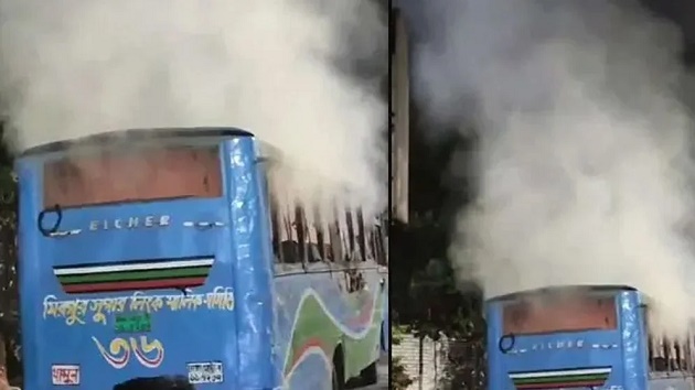 রাজধানীতে ককটেল বিস্ফোরণের পর এবার বাসে আগুন